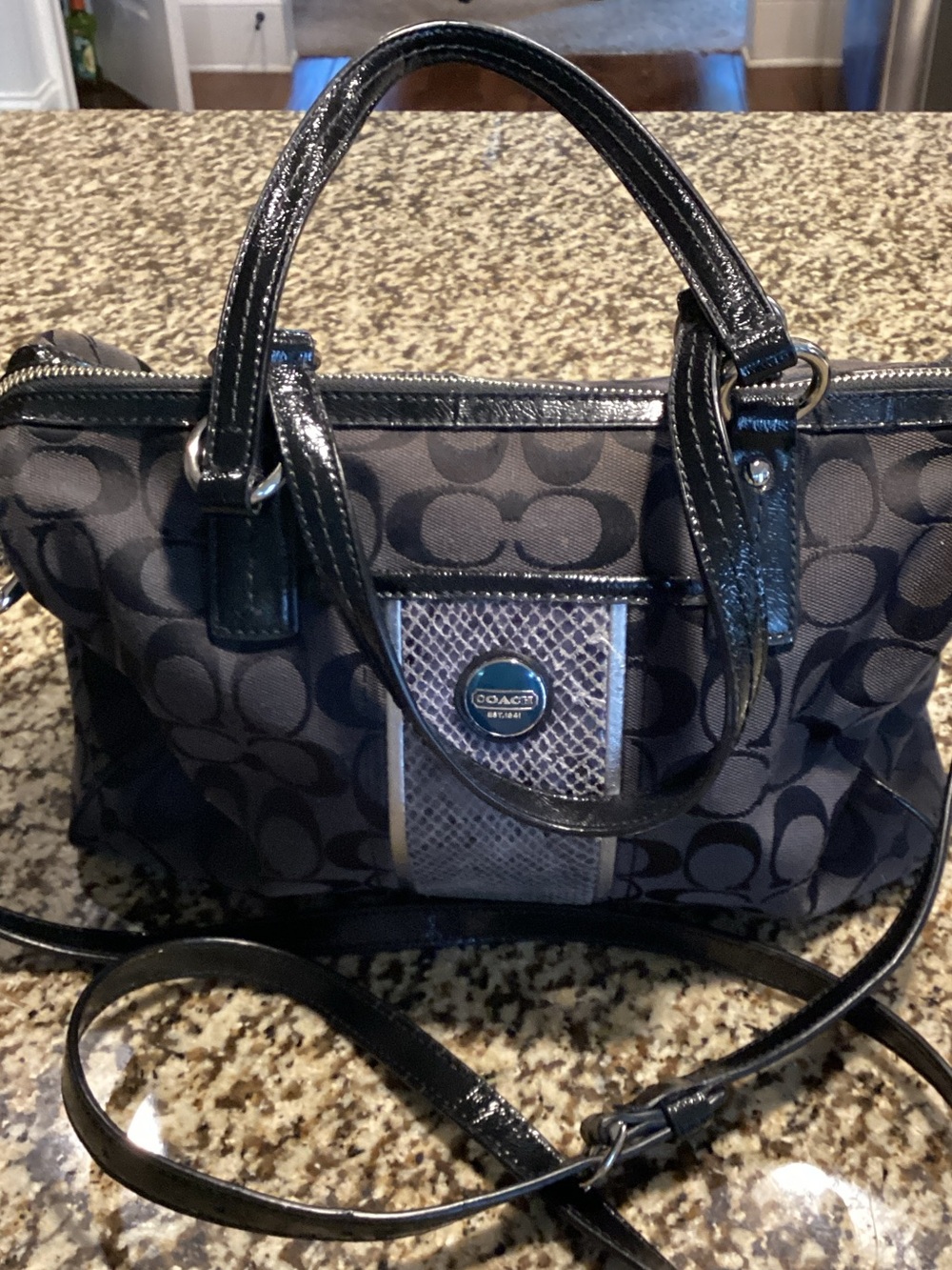 Coach Black Signature Jacquard Satchel with Patent Trim